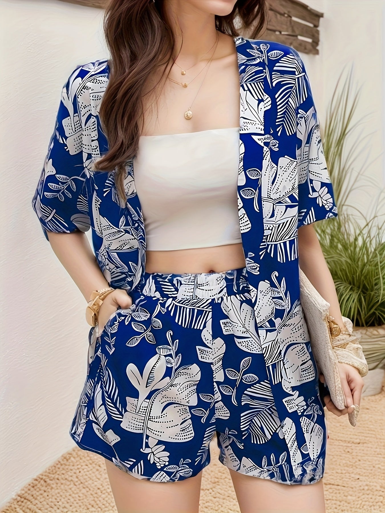 Women'S Tropical Print Sleeveless Kimono & Shorts Set - Vibrant Floral & Fish Design, White & Orange, Perfect for Spring/Summer, Beach Attire|Tropical Print|Shorts